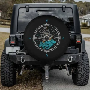 Sailing boat compass rose nautical spare tire cover with ship, compass, and backup camera hole