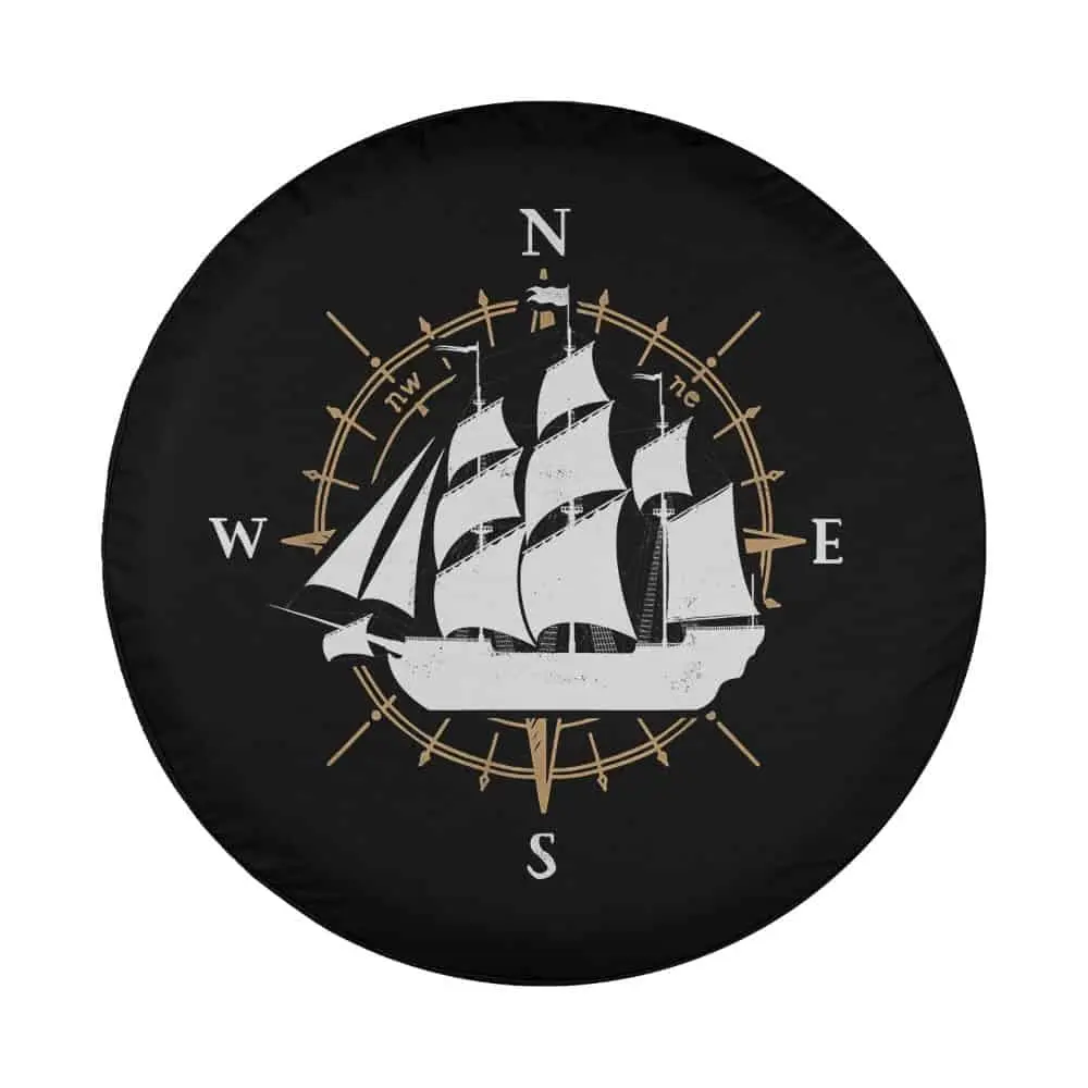 sailing ship and compass rose nautical spare tire cover design