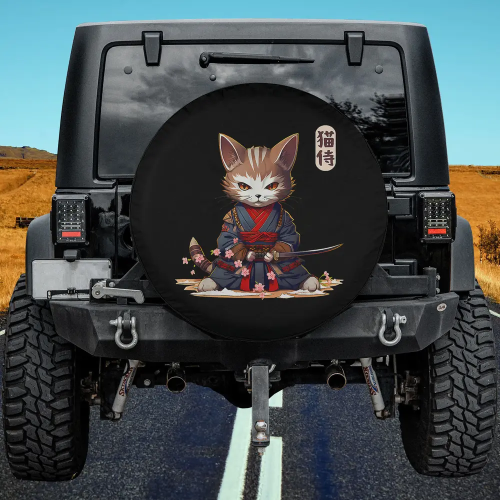 Samurai cat in kimono with cherry blossoms spare tire cover for Jeep and SUV