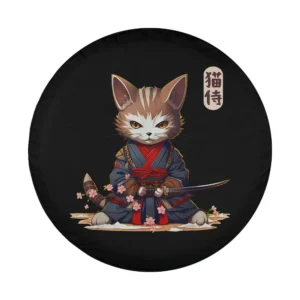 Cute Japanese samurai cat in blue kimono with katana and cherry blossoms