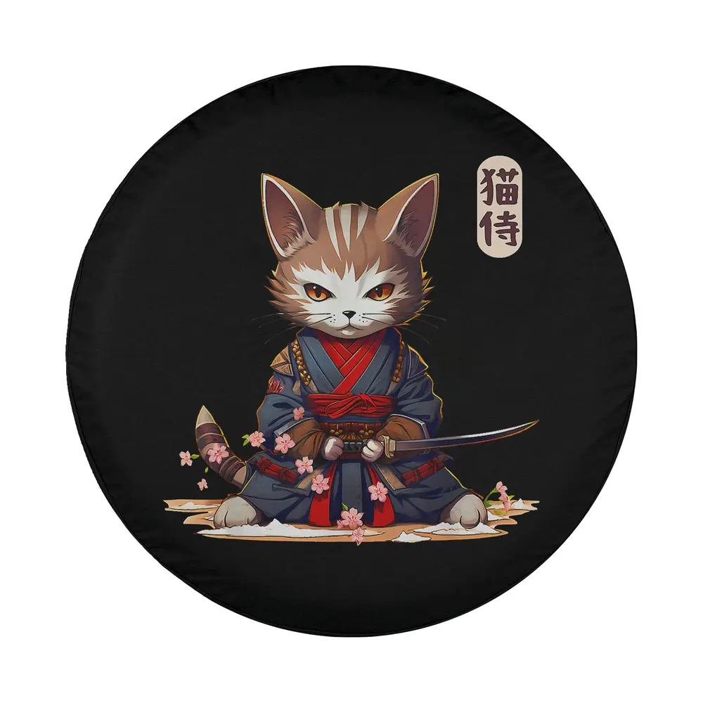 Cute Japanese samurai cat in blue kimono with katana and cherry blossoms