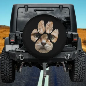 Sand cat face inside paw print on black spare tire cover for Jeep SUV RV, no camera hole