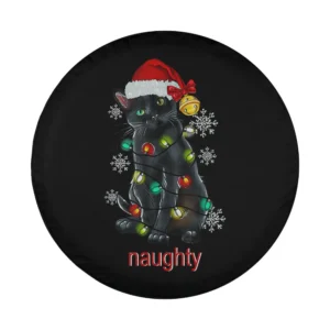 Santa hat tangled lights black cat Christmas design for spare tire cover
