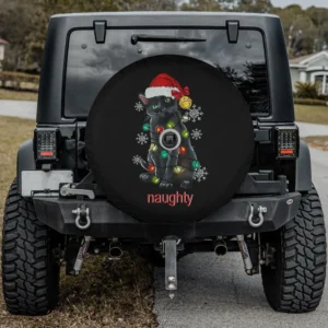 Santa hat tangled lights black cat Christmas spare tire cover with backup camera hole