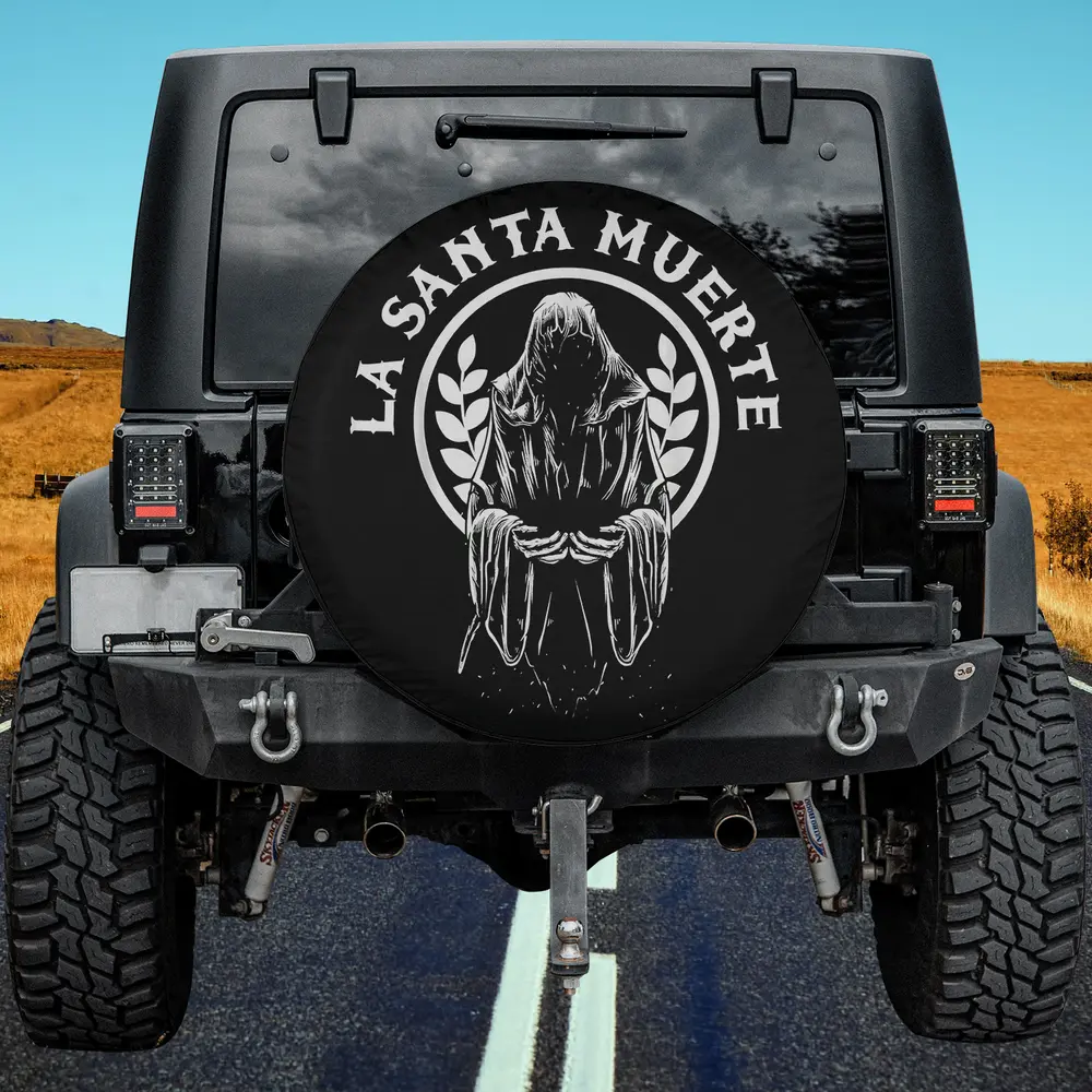 Santa Muerte laurel wreath skeleton skull spare tire cover with no camera hole for Jeep or SUV