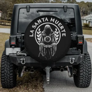 Santa Muerte laurel wreath skeleton skull spare tire cover with backup camera hole for Jeep or RV