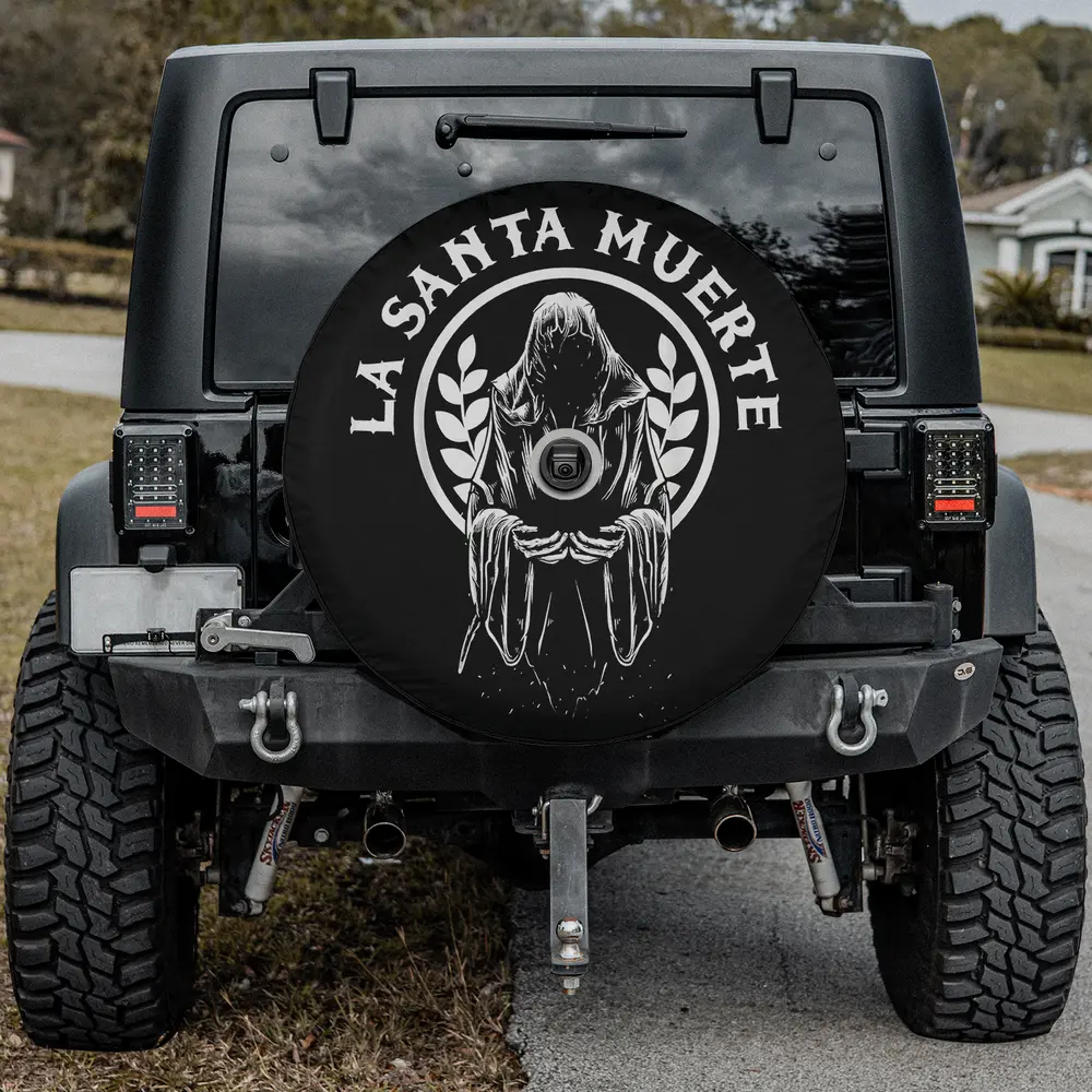 Santa Muerte laurel wreath skeleton skull spare tire cover with backup camera hole for Jeep or RV