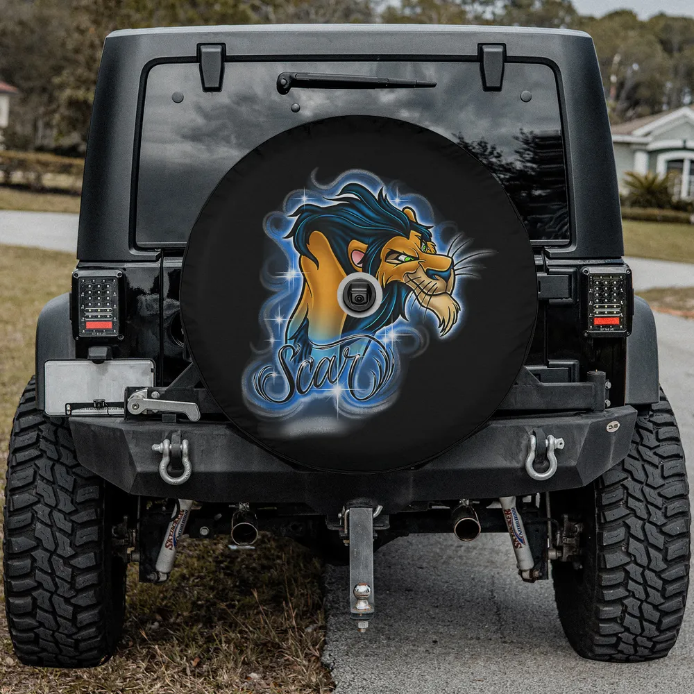 Airbrushed Scar Lion King blue logo Disney spare tire cover with camera hole for Jeep Cherokee