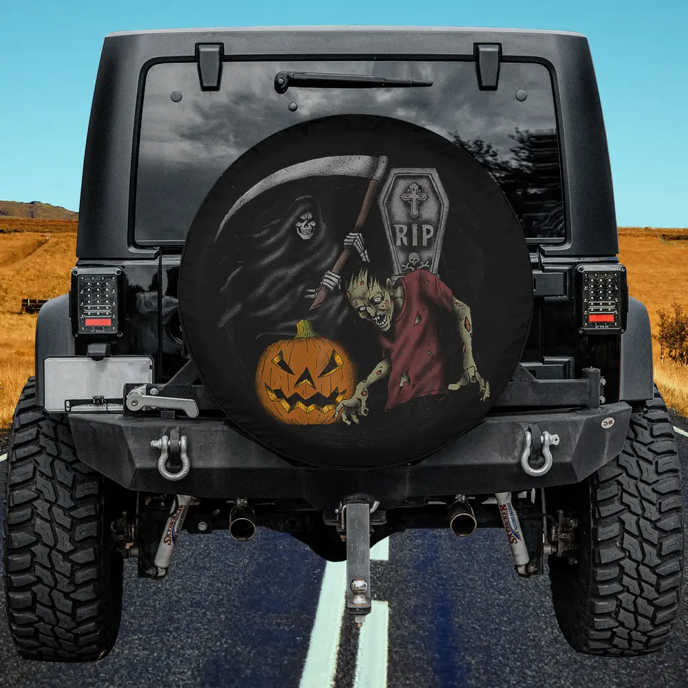 Scary pumpkin zombie grim reaper Halloween spare tire cover with tombstone art