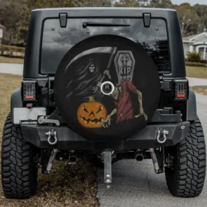 Halloween spare tire cover with scary pumpkin, zombie, grim reaper and camera hole