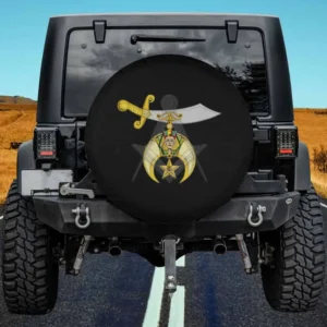 Scimitar sword and Masonic Shriner emblem spare tire cover for Jeep, RV, SUV, Truck, no camera hole