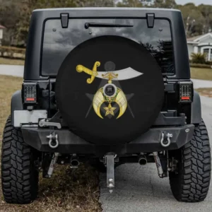 Scimitar sword and Masonic Shriner emblem spare tire cover for Jeep, RV, SUV, Truck, with camera hole