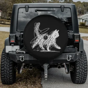 scribble cat minimal line art japanese spare tire cover for Defender with camera hole option