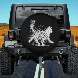 scribble cat minimal line art japanese spare tire cover on Land Rover Defender with no camera hole