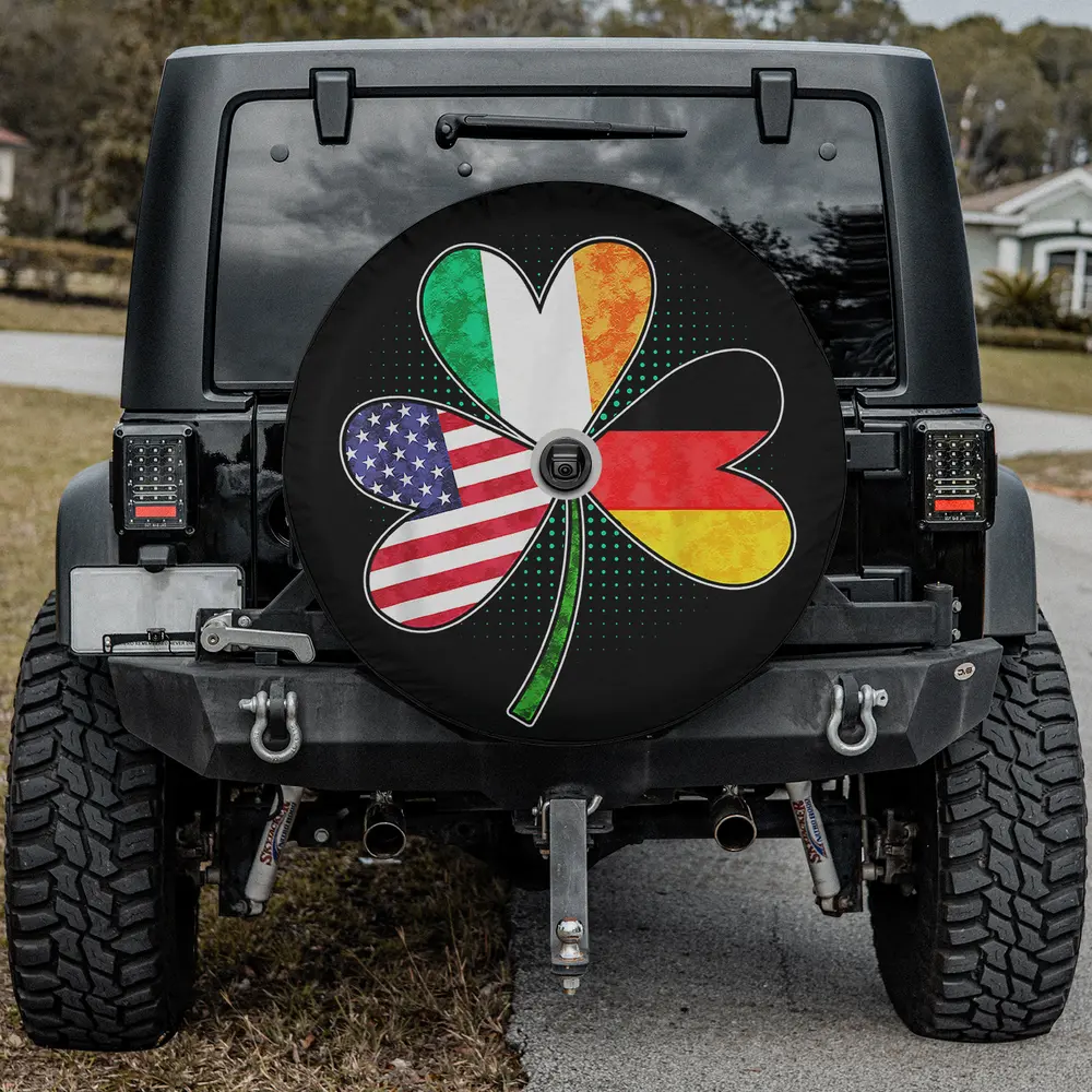 Shamrock American German Irish flag DNA spare tire cover with backup camera hole