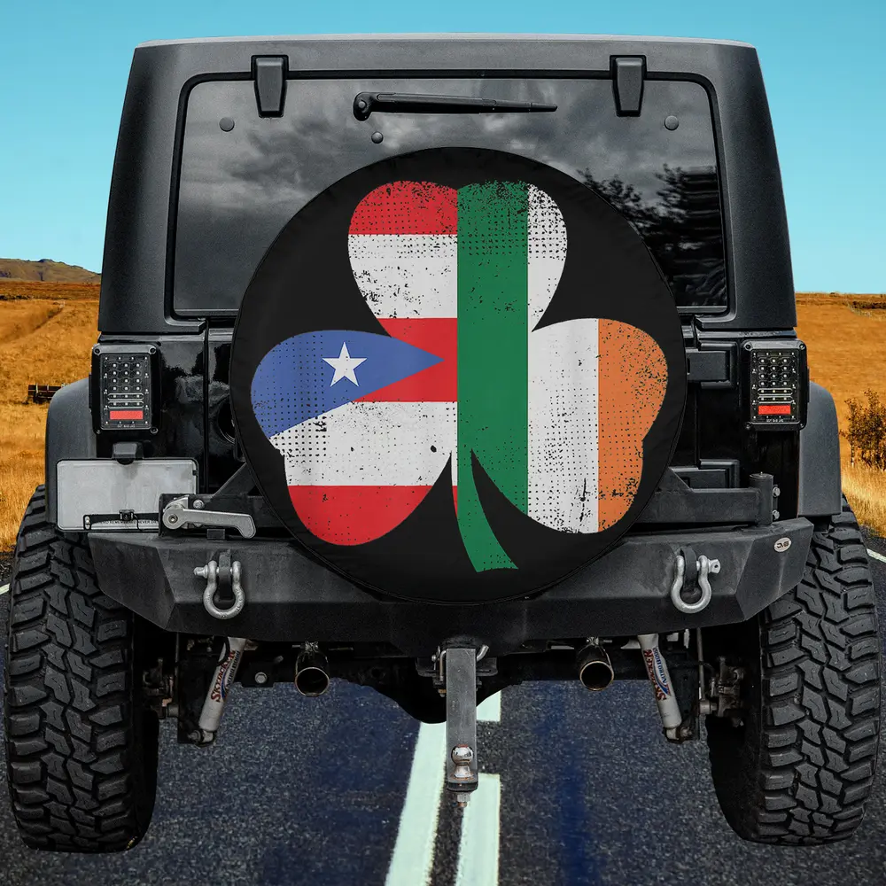 Irish Puerto Rican flag shamrock St Patrick's Day spare tire cover no camera hole