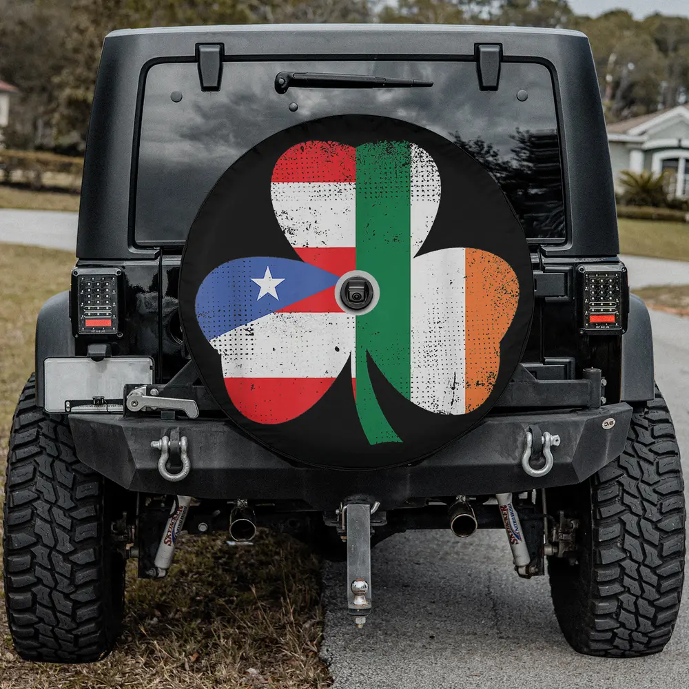 Irish Puerto Rican flag shamrock St Patrick's Day spare tire cover with camera hole