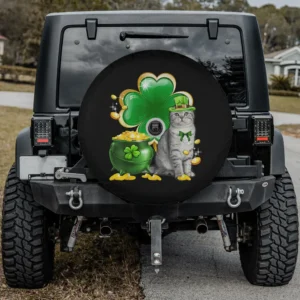 St Patricks Day cat spare tire cover with shamrock, pot of gold, and camera hole option