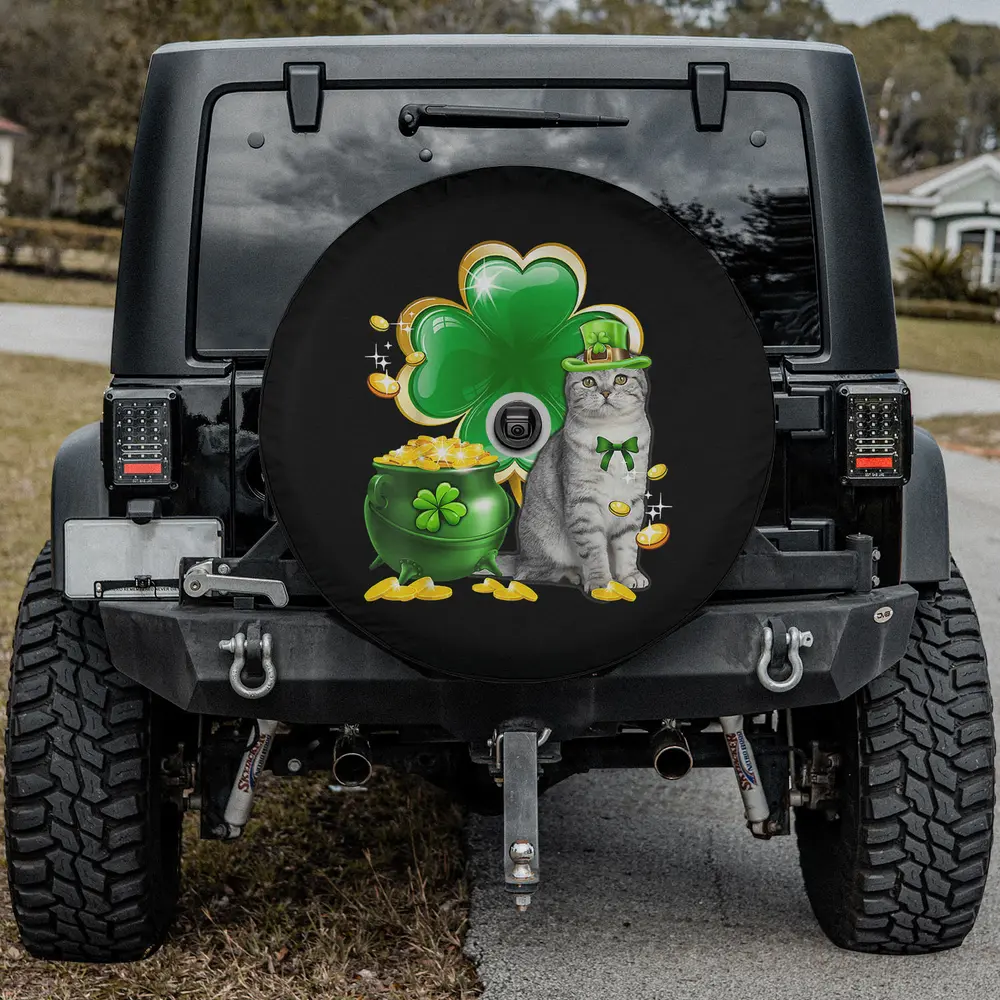 St Patricks Day cat spare tire cover with shamrock, pot of gold, and camera hole option