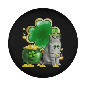 Cartoon cat with leprechaun hat, shamrock, pot of gold St Patricks Day tire cover art