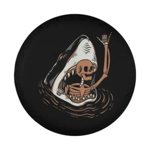 Graphic of skeleton waving inside shark jaws, melanin Halloween spare tire cover design