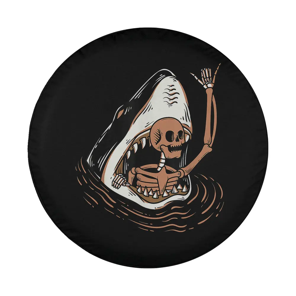 Graphic of skeleton waving inside shark jaws, melanin Halloween spare tire cover design