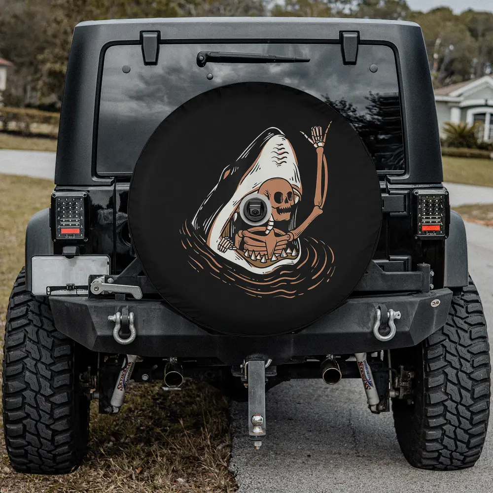 Shark bite skeleton melanin Halloween spare tire cover for Jeep with camera hole, skeleton waving in shark mouth
