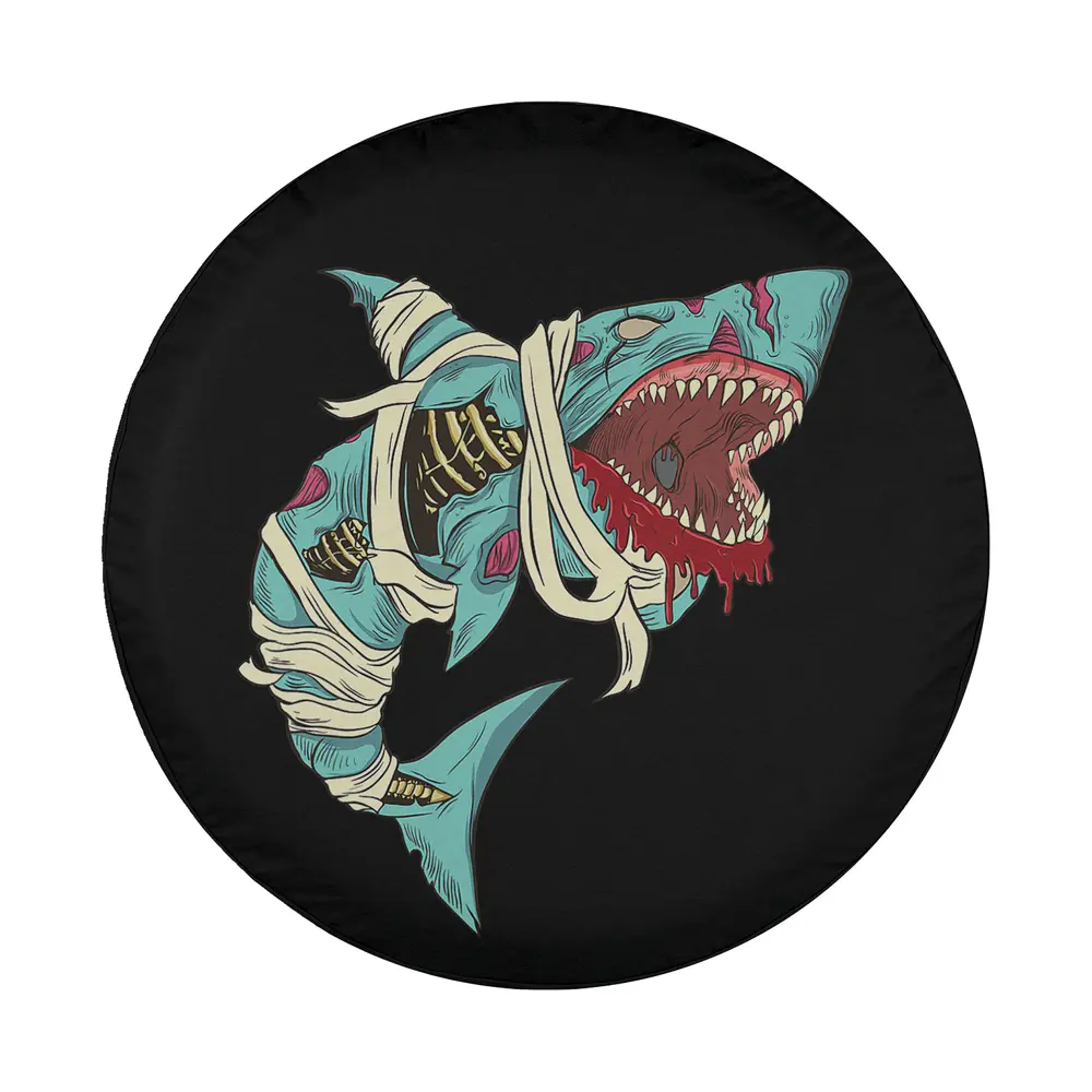 Zombie shark with skeleton rib cage and skull Halloween tire cover art only