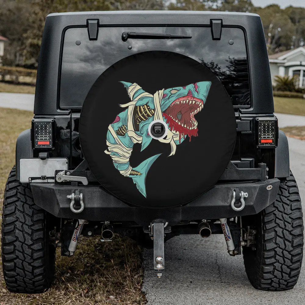 Shark zombie skeleton rib cage Halloween spare tire cover with backup camera hole for SUV