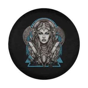 Detailed shield maiden Viking Norse blue art design for spare tire cover