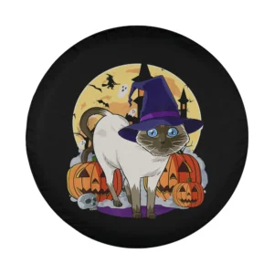 Cartoon Siamese cat with witch hat and pumpkins Halloween tire cover art