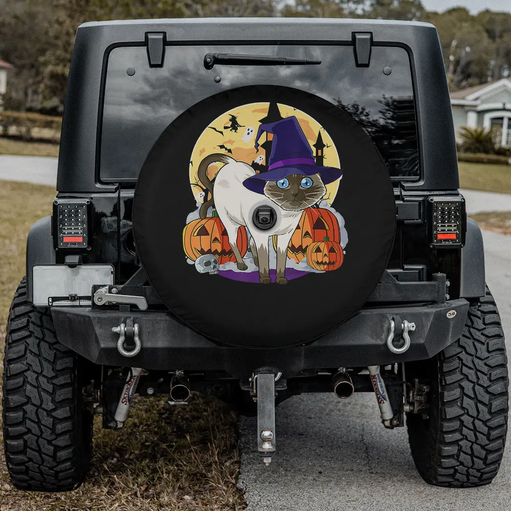 Siamese cat witch hat pumpkin Halloween spare tire cover with backup camera hole