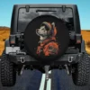 Siberian Husky in astronaut suit with American flag on spare tire cover, no camera hole