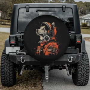 Siberian Husky astronaut suit American flag spare tire cover, with backup camera hole