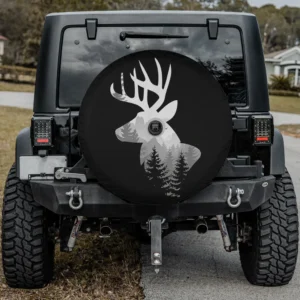 Spare tire cover with silhouette buck deer and pine forest, fits backup camera models