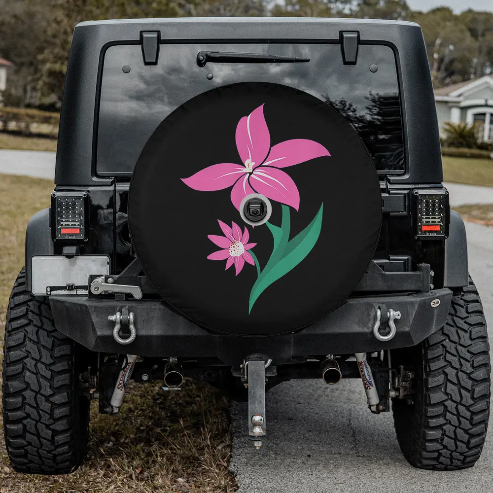 Simple hot pink flower duo minimalist spare tire cover with camera hole for Jeep Wrangler SUVs