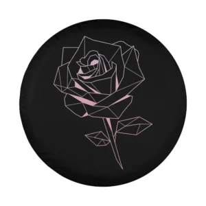 Minimalist pink geometric rose flower line art on black spare tire cover