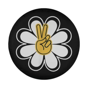 Design of simple retro white daisy flower with yellow peace sign hand for spare tire cover
