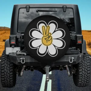 Simple retro white daisy flower with yellow peace sign hand spare tire cover for Honda HRV, no camera hole