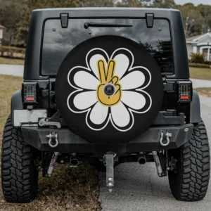 Simple retro white daisy flower with yellow peace sign hand spare tire cover for Honda HRV, with camera hole