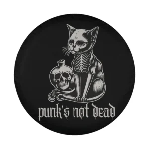 Skeleton cat and skull punk's not dead Halloween tire cover design closeup