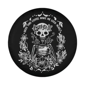 White skeleton with coffee cup and floral border line art Halloween tire cover design