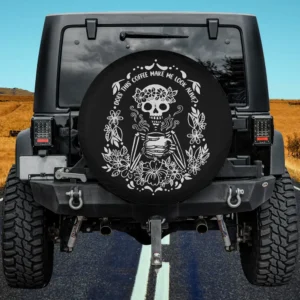 Skeleton holding coffee cup with floral border funny Halloween spare tire cover no camera hole