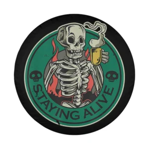 Staying alive skeleton drinking coffee Halloween spare tire cover graphic design