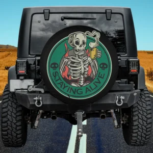 Skeleton drinking coffee with staying alive text Halloween spare tire cover no camera hole
