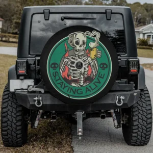 Skeleton drinking coffee with staying alive text Halloween spare tire cover with camera hole