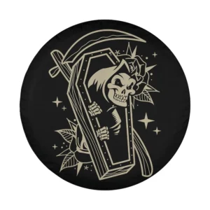 Halloween spare tire cover design with skeleton, coffin, scythe, and stars