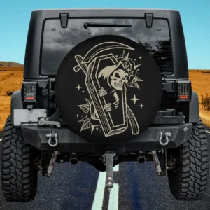 Skeleton bursting from coffin with scythe and stars Halloween spare tire cover