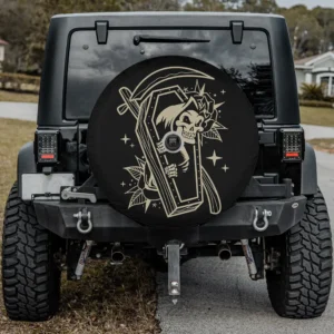 Skeleton coffin scythe stars Halloween spare tire cover with backup camera hole