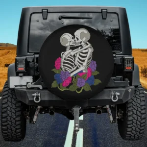 Skeleton couple with bi pride flag flowers LGBTQ Halloween spare tire cover